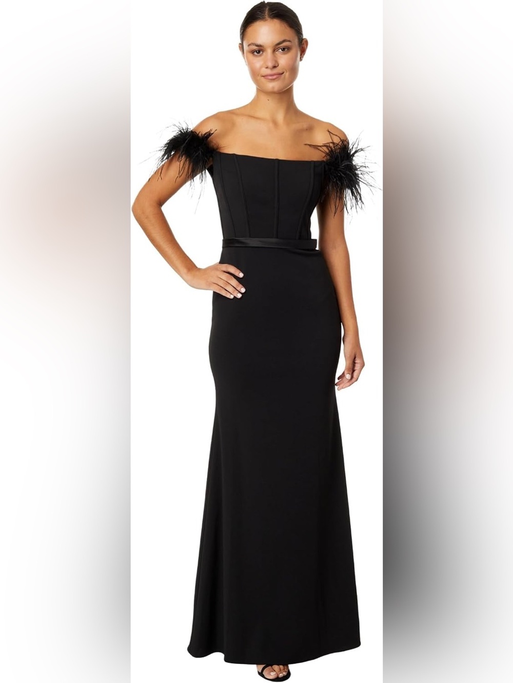 NWT Betsy & Adam Long Scuba Crepe Off-The-Shoulder Feather Dress Black Size 6
